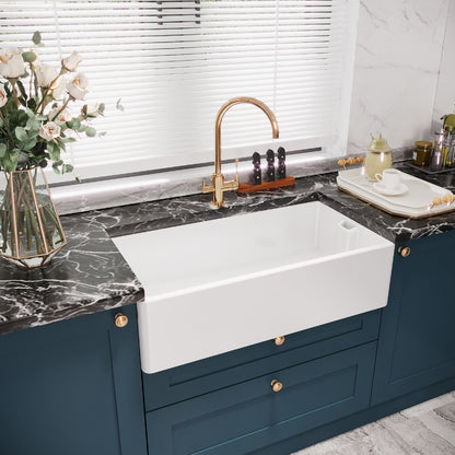 [BKS221W] 1 Bowl Fireclay Ceramic Belfast Kitchen Sink & Basket Strainer Waste, 895mm - Lifestyle 3