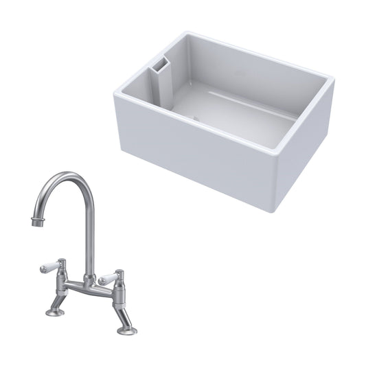 [BKS222WT10] Traditional Fireclay Kitchen Bundle: Single Bowl Belfast Sink & Bridge Lever Mixer Tap, 615mm - Brushed Nickel - Cutout