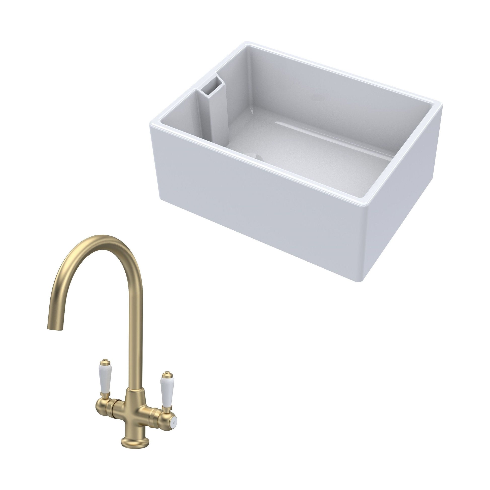 [BKS222WT12] Traditional Fireclay Kitchen Bundle: 1 Bowl Belfast Sink & Mono Lever Handle Tap, 615mm - Brushed Brass - Cutout