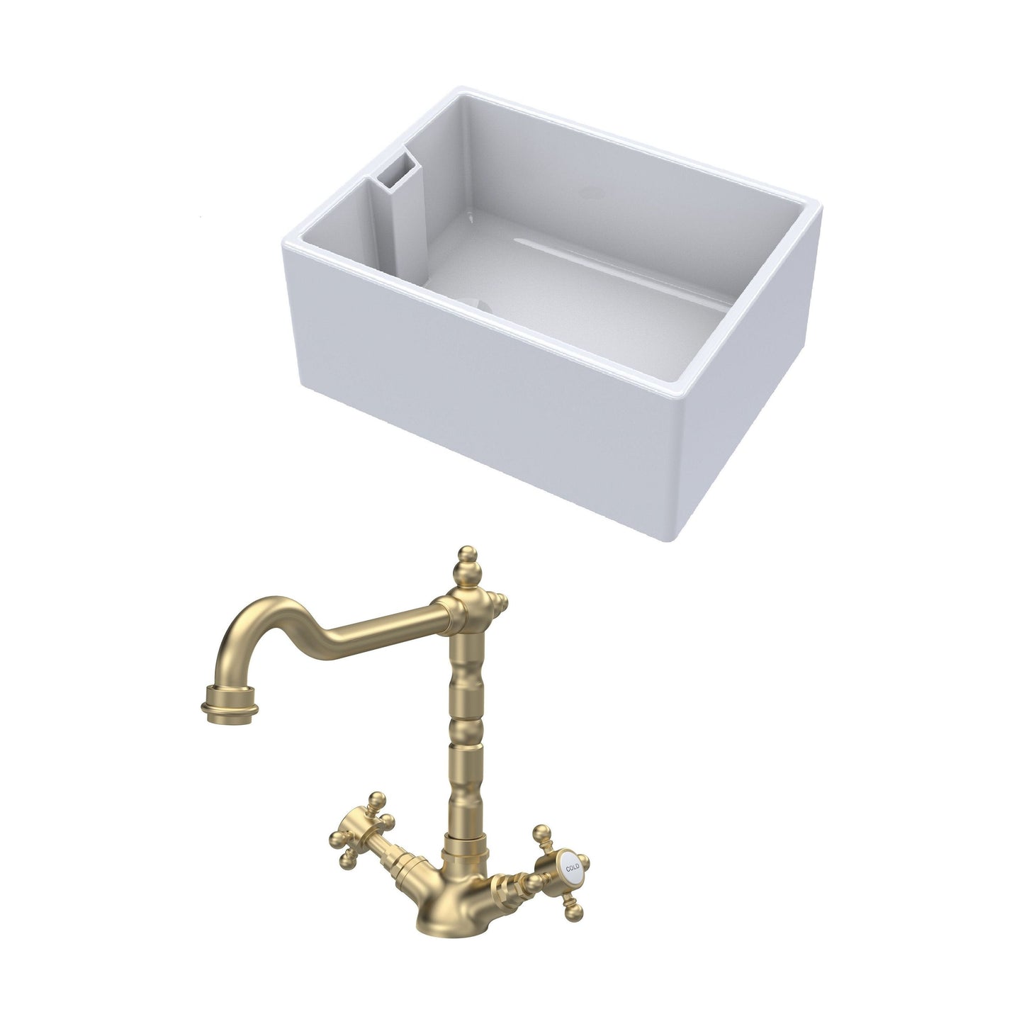[BKS222WT13] Traditional Fireclay Kitchen Bundle: Single Bowl Belfast Sink & French Classic Mono Tap, 615mm - Brushed Brass - Cutout