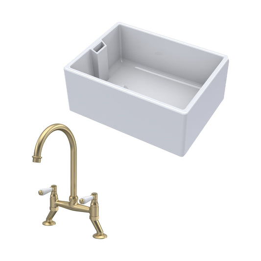 [BKS222WT15] Fireclay Kitchen Bundle - Single Bowl Belfast Sink & Bridge Lever Mixer Tap, 615mm - Brushed Brass - Cutout
