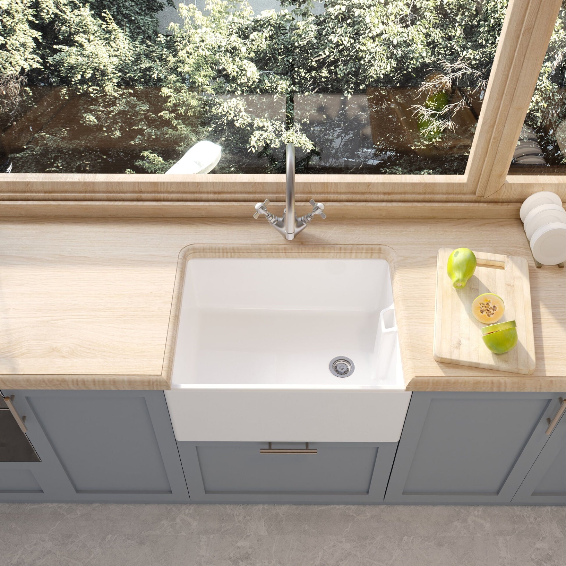 [BKS222WT2] Traditional Single Bowl Fireclay Ceramic Belfast Sink with Mono Kitchen Sink Mixer Tap - Lifestyle 2