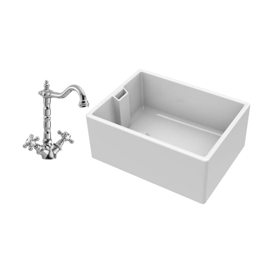 [BKS222WT4] Traditional Single Bowl Fireclay Ceramic  Belfast Kitchen Sink & French Classic Mono Sink Mixer Tap - Cutout