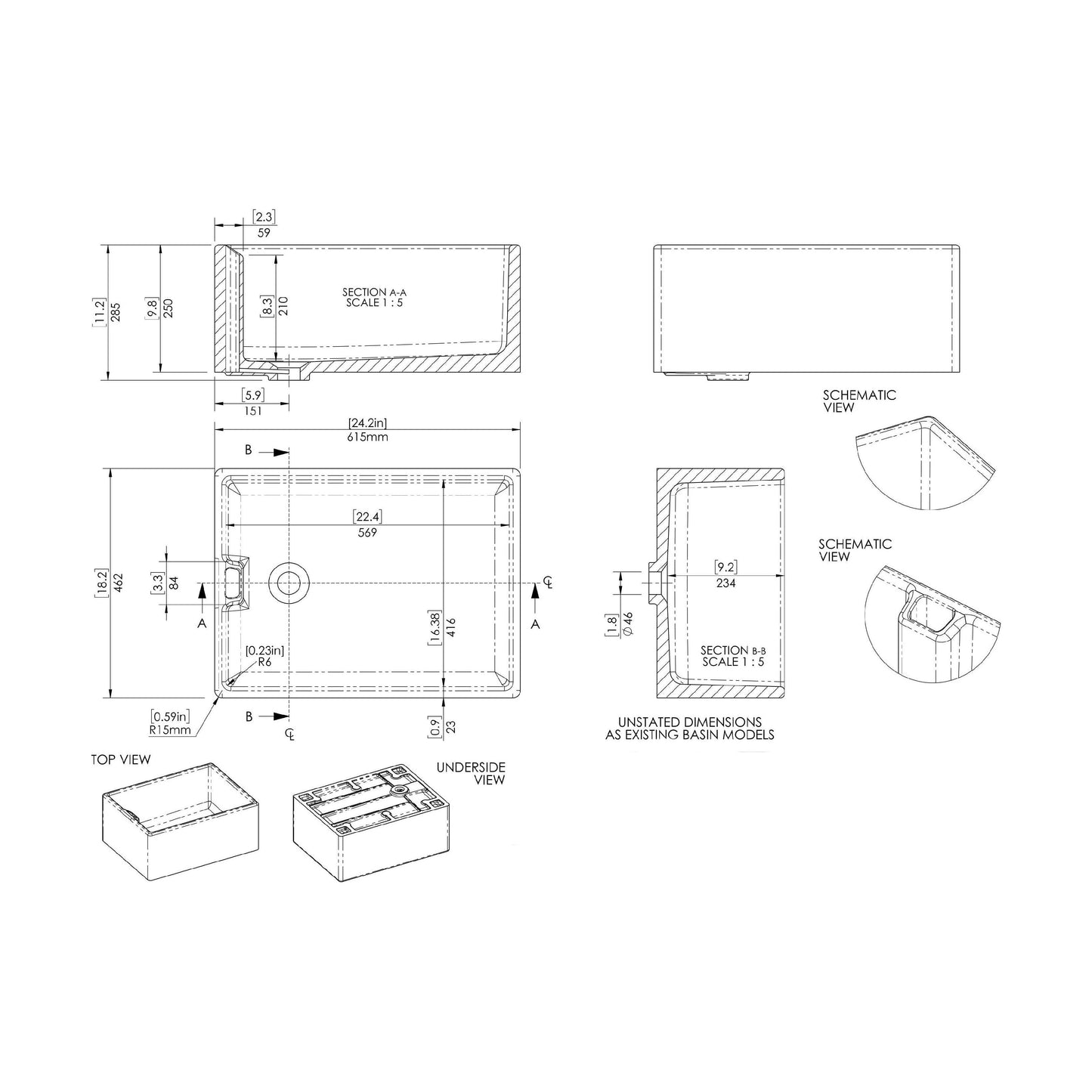 [BKS222WT4] Traditional Single Bowl Fireclay Ceramic  Belfast Kitchen Sink & French Classic Mono Sink Mixer Tap - Technical Drawing