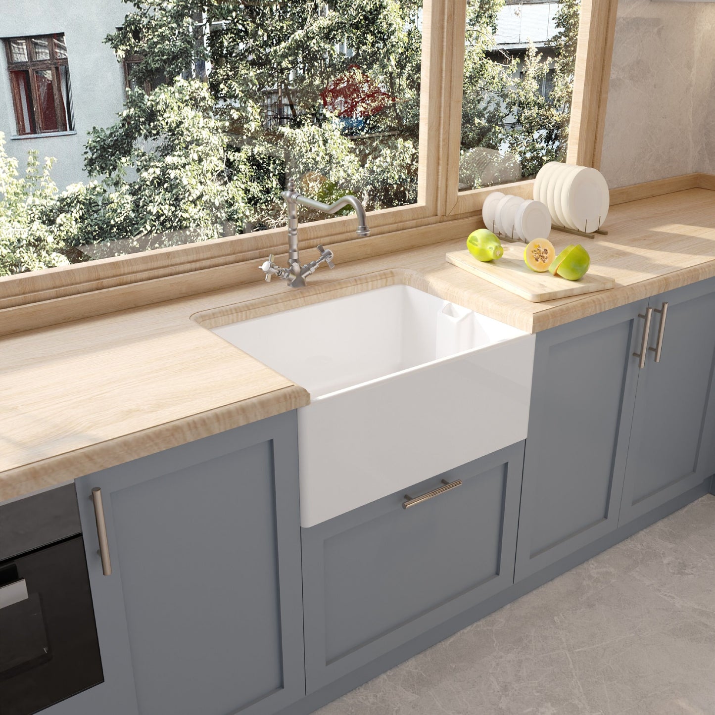 [BKS222WT4] Traditional Single Bowl Fireclay Ceramic  Belfast Kitchen Sink & French Classic Mono Sink Mixer Tap - Lifestyle 3