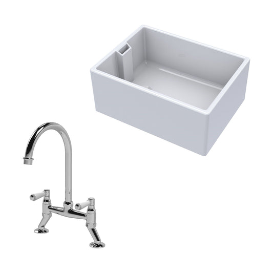 [BKS222WT5] Traditional Fireclay Kitchen Bundle: Single Bowl Belfast Sink & Bridge Mixer Tap, Waste, 615mm - Chrome - Cutout