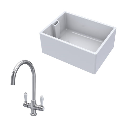 [BKS222WT7] Traditional Fireclay Kitchen Bundle: Single Bowl Belfast Sink & Mono Lever Handle Tap, 615mm - Brushed Nickel - Cutout