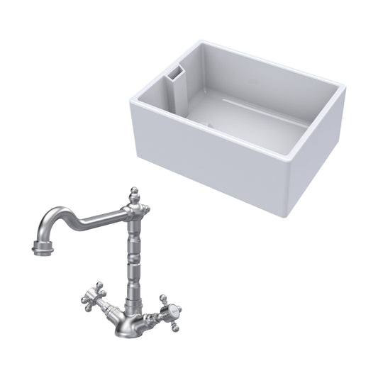 [BKS222WT8] Traditional Fireclay Kitchen Bundle: Single Bowl Belfast Sink & French Classic Mono Tap, 615mm - Brushed Nickel - Cutout