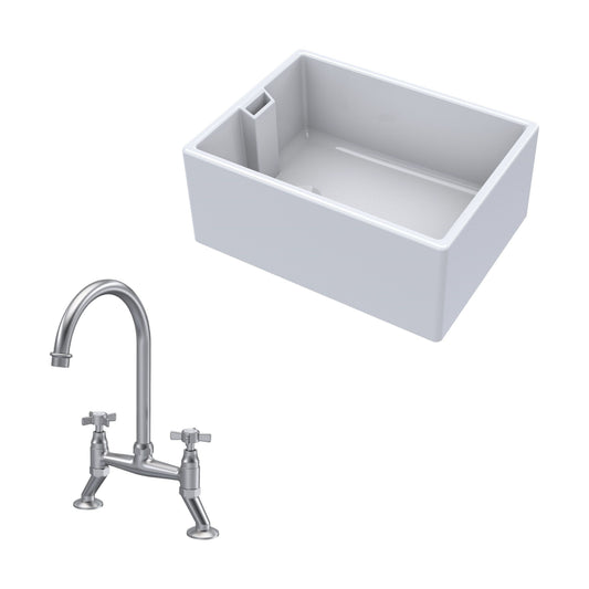 [BKS222WT9] Traditional Fireclay Kitchen Bundle: Single Bowl Belfast Sink & Bridge Crosshead Mixer Tap, 615mm - Brushed Nickel - Cutout