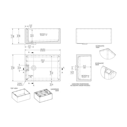 [BKS222] Single Bowl Fireclay Ceramic Belfast Kitchen Sink with Overflow - 615mm - Technical Drawing