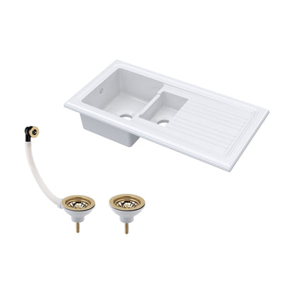 [BKS230W1] 101cm 1.5 Bowl Fireclay Inset Kitchen Sink with Waste - 1010 x 525 x 235mm - Choice of Waste Finish - Cutout