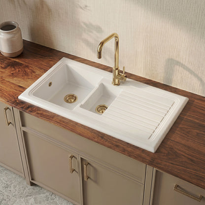[BKS230W1] 101cm 1.5 Bowl Fireclay Inset Kitchen Sink with Waste - 1010 x 525 x 235mm - Choice of Waste Finish - Silo