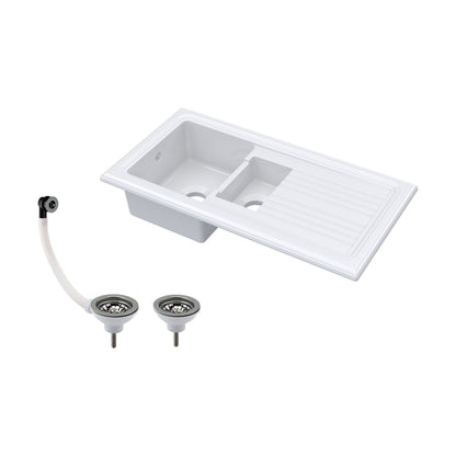 [BKS230W2] 101cm 1.5 Bowl Fireclay Inset Kitchen Sink with Waste - 1010 x 525 x 235mm - Choice of Waste Finish - Cutout