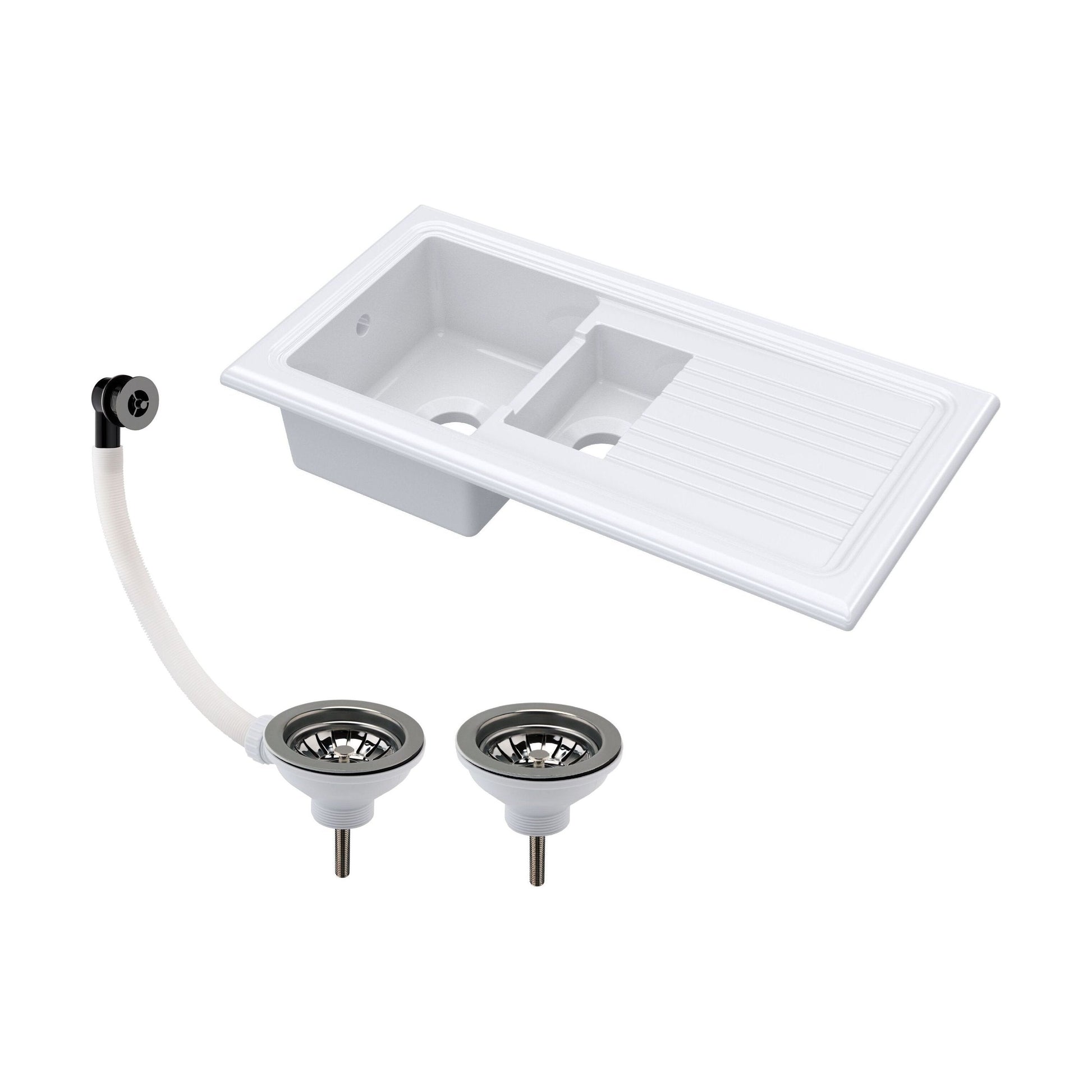 [BKS230W3] 101cm 1.5 Bowl Fireclay Inset Kitchen Sink with Waste - 1010 x 525 x 235mm - Choice of Waste Finish - Cutout