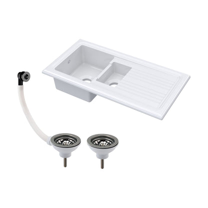 [BKS230W3] 101cm 1.5 Bowl Fireclay Inset Kitchen Sink with Waste - 1010 x 525 x 235mm - Choice of Waste Finish - Cutout