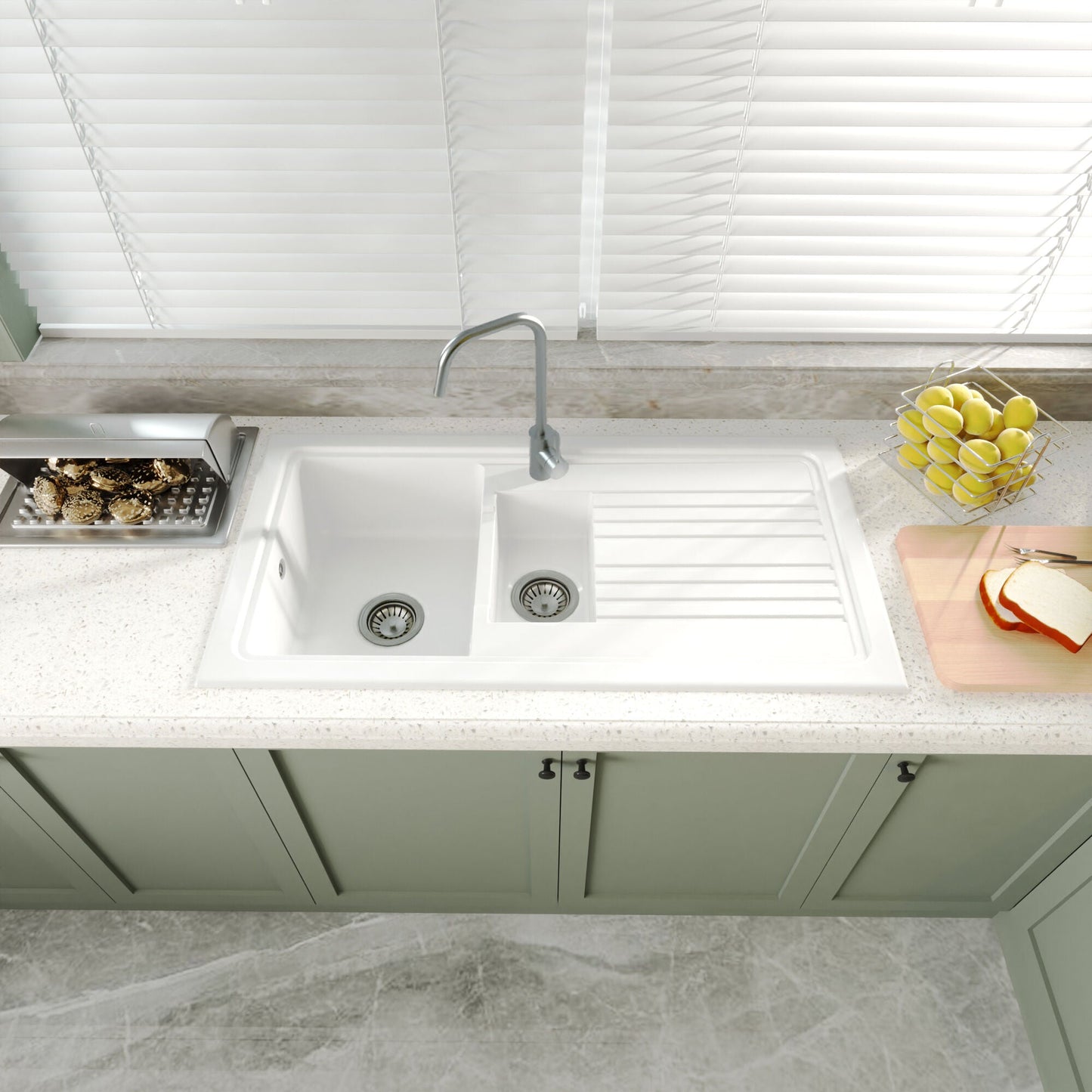 [BKS230W3] 101cm 1.5 Bowl Fireclay Inset Kitchen Sink with Waste - 1010 x 525 x 235mm - Choice of Waste Finish - Lifestyle 2