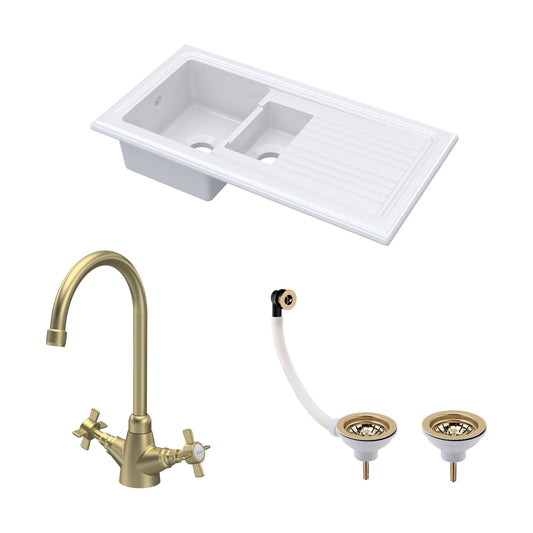 [BKS230WT11] Traditional Fireclay Kitchen Bundle: 1.5 Bowl Sink & Drainer, Waste & Mono Crosshead Tap, 1010mm - Brushed Brass - Cutout