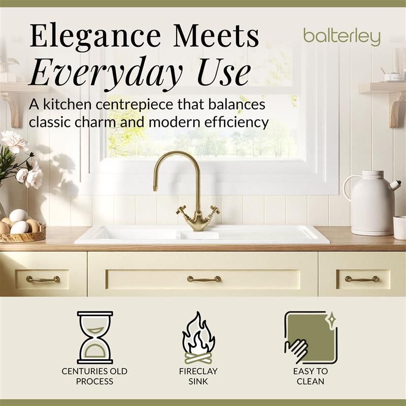 [BKS230WT11] Traditional Fireclay Kitchen Bundle: 1.5 Bowl Sink & Drainer, Waste & Mono Crosshead Tap, 1010mm - Brushed Brass - Lifestyle 1