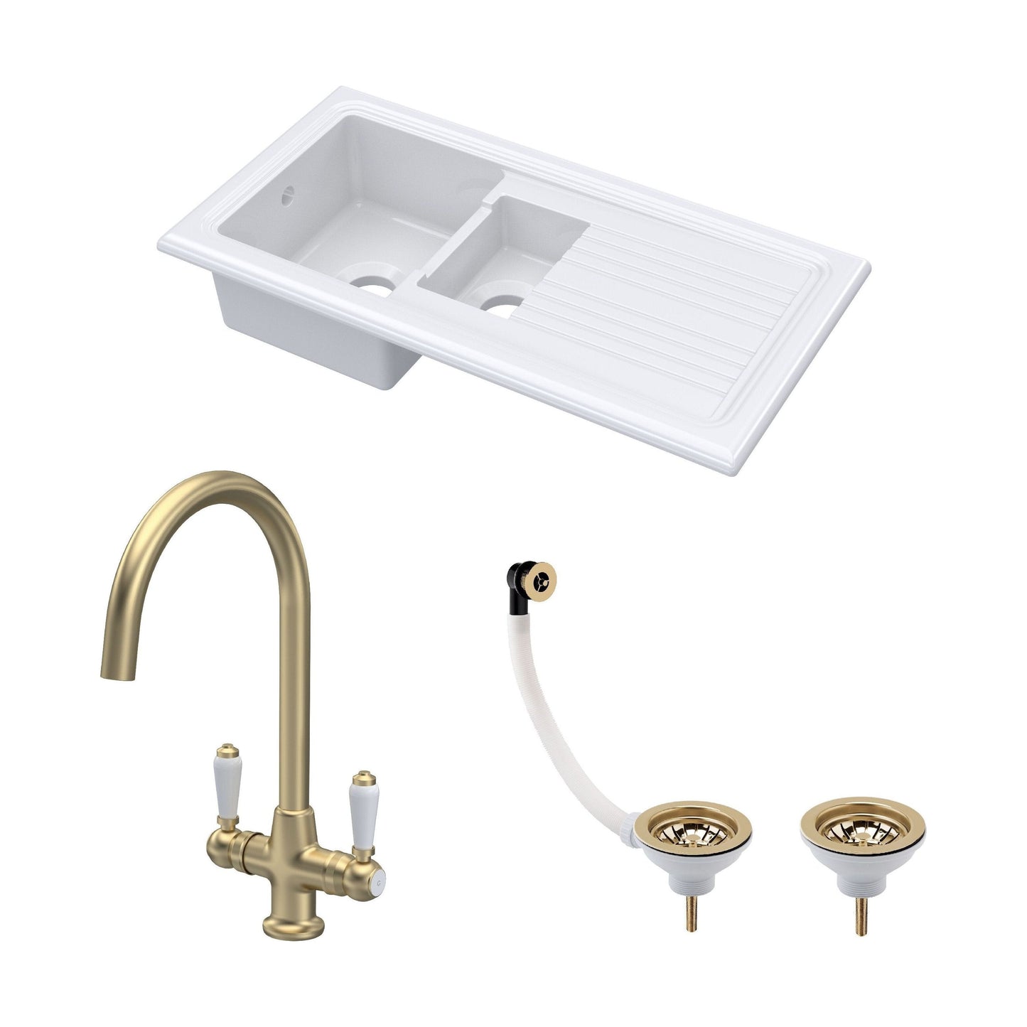 [BKS230WT12] Traditional Fireclay Kitchen Bundle: 1.5 Bowl Sink with Drainer, Waste & Mono Lever Tap, 1010mm - Brushed Brass - Cutout