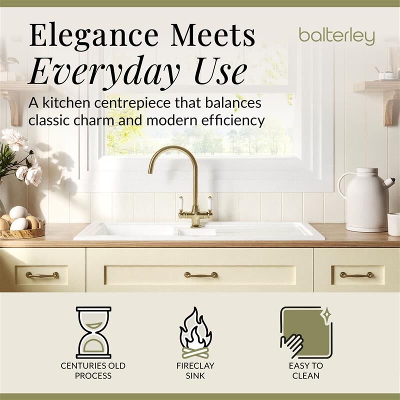 [BKS230WT12] Traditional Fireclay Kitchen Bundle: 1.5 Bowl Sink with Drainer, Waste & Mono Lever Tap, 1010mm - Brushed Brass - Lifestyle 1