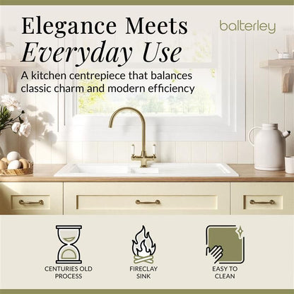 [BKS230WT12] Traditional Fireclay Kitchen Bundle: 1.5 Bowl Sink with Drainer, Waste & Mono Lever Tap, 1010mm - Brushed Brass - Lifestyle 1