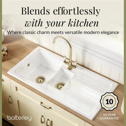 [BKS230WT12] Traditional Fireclay Kitchen Bundle: 1.5 Bowl Sink with Drainer, Waste & Mono Lever Tap, 1010mm - Brushed Brass - Lifestyle 2