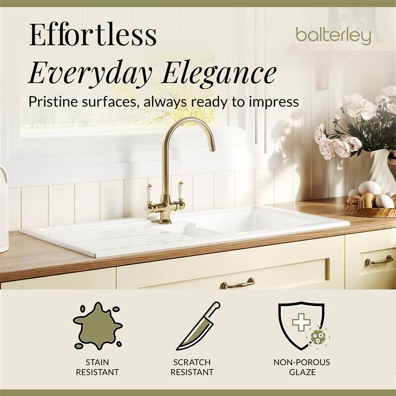 [BKS230WT12] Traditional Fireclay Kitchen Bundle: 1.5 Bowl Sink with Drainer, Waste & Mono Lever Tap, 1010mm - Brushed Brass - Lifestyle 3