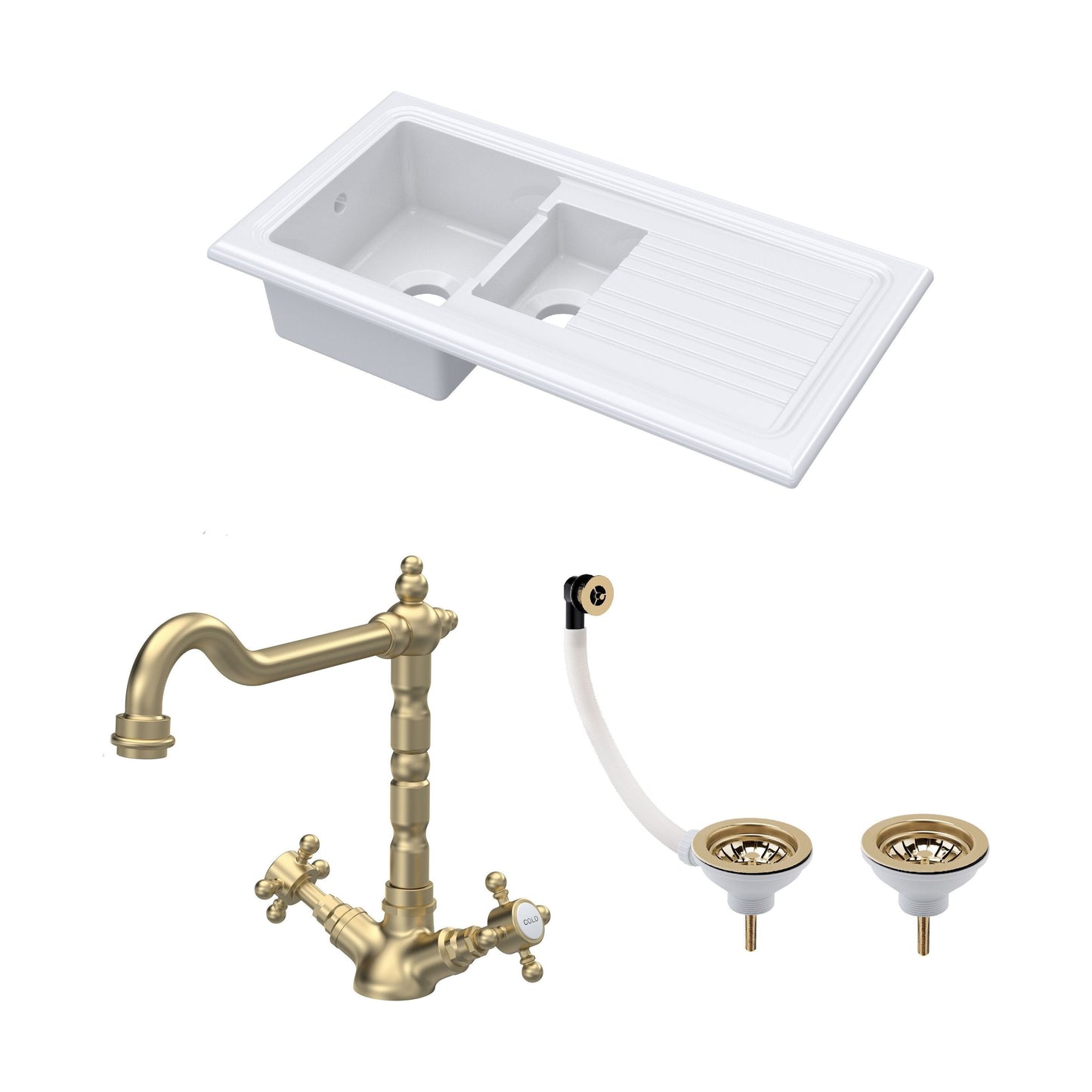 [BKS230WT13] Traditional Fireclay Kitchen Bundle: 1.5 Bowl Sink & Drainer, Waste & French Classic Tap, 1010mm - Brushed Brass - Cutout