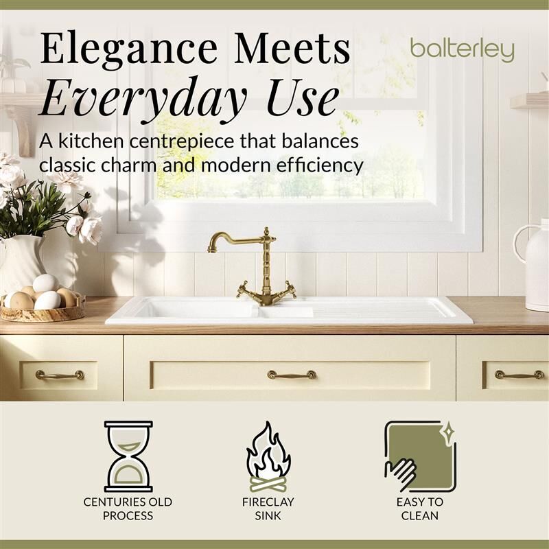 [BKS230WT13] Traditional Fireclay Kitchen Bundle: 1.5 Bowl Sink & Drainer, Waste & French Classic Tap, 1010mm - Brushed Brass - Lifestyle 1