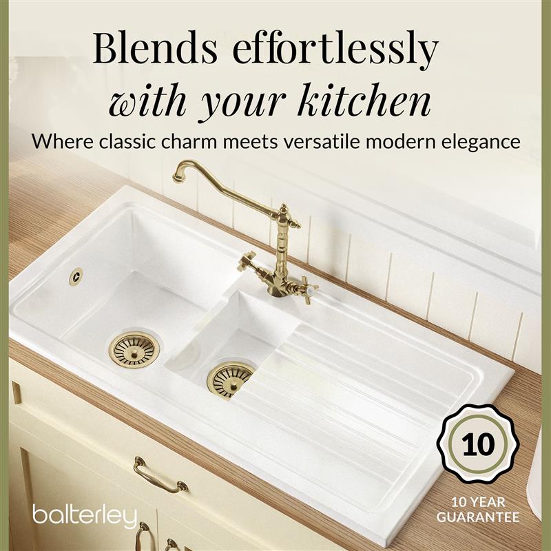 [BKS230WT13] Traditional Fireclay Kitchen Bundle: 1.5 Bowl Sink & Drainer, Waste & French Classic Tap, 1010mm - Brushed Brass - Lifestyle 2