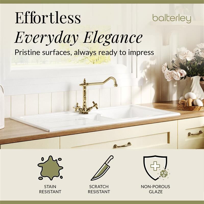 [BKS230WT13] Traditional Fireclay Kitchen Bundle: 1.5 Bowl Sink & Drainer, Waste & French Classic Tap, 1010mm - Brushed Brass - Lifestyle 3