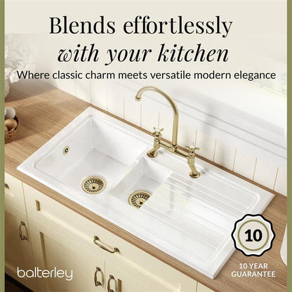 [BKS230WT14] Traditional Fireclay Kitchen Bundle: 1.5 Bowl Sink & Drainer, Waste & Bridge Crosshead Tap, 1010mm - Brushed Brass - Lifestyle 2