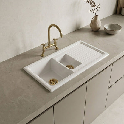 [BKS230WT14] Traditional Fireclay Kitchen Bundle: 1.5 Bowl Sink & Drainer, Waste & Bridge Crosshead Tap, 1010mm - Brushed Brass - Silo