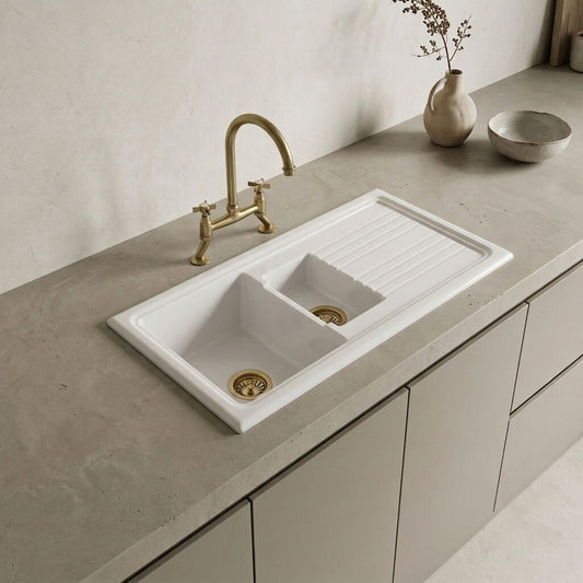 [BKS230WT14] Traditional Fireclay Kitchen Bundle: 1.5 Bowl Sink & Drainer, Waste & Bridge Crosshead Tap, 1010mm - Brushed Brass - Silo