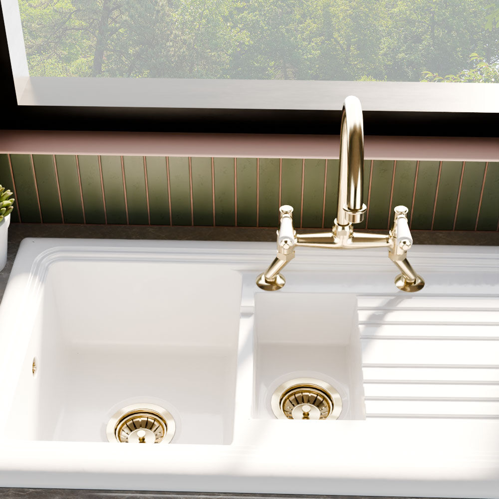 [BKS230WT15] Traditional Fireclay Kitchen Bundle: 1.5 Bowl Sink & Drainer, Waste & Bridge Lever Tap, 1010mm - Brushed Brass - Lifestyle 1