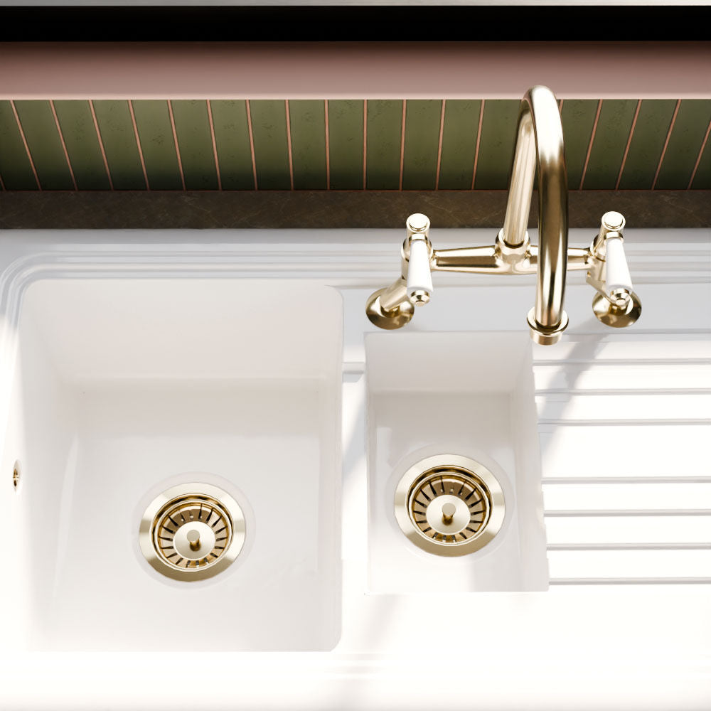 [BKS230WT15] Traditional Fireclay Kitchen Bundle: 1.5 Bowl Sink & Drainer, Waste & Bridge Lever Tap, 1010mm - Brushed Brass - Lifestyle 2