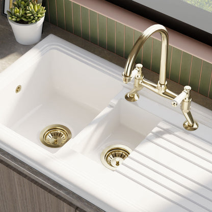 [BKS230WT15] Traditional Fireclay Kitchen Bundle: 1.5 Bowl Sink & Drainer, Waste & Bridge Lever Tap, 1010mm - Brushed Brass - Lifestyle 3