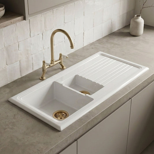 [BKS230WT15] Traditional Fireclay Kitchen Bundle: 1.5 Bowl Sink & Drainer, Waste & Bridge Lever Tap, 1010mm - Brushed Brass - Silo