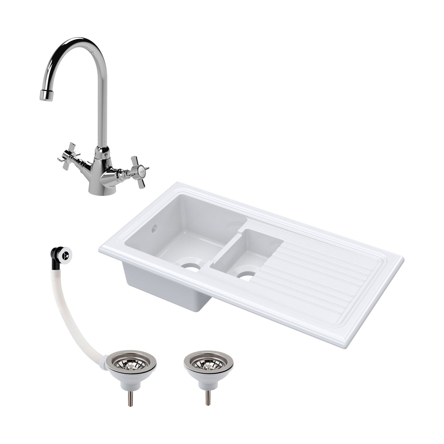 [BKS230WT2] 1.5 Bowl Fireclay Inset Kitchen Sink Bundle with Drainer, Mixer Tap & Wastes - 1010mm - Cutout
