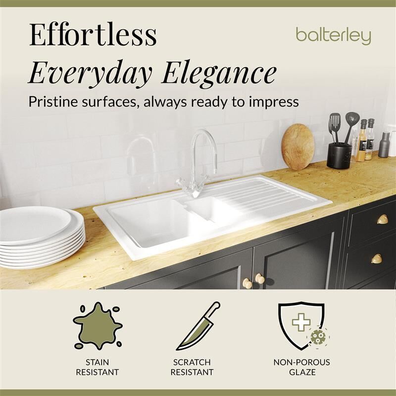 [BKS230WT2] 1.5 Bowl Fireclay Inset Kitchen Sink Bundle with Drainer, Mixer Tap & Wastes - 1010mm - Lifestyle 3