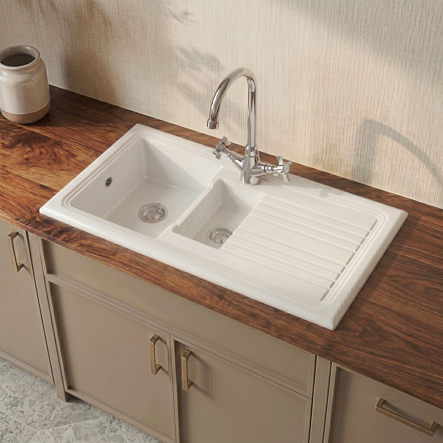 [BKS230WT2] Fireclay 1010mm 1.5 Bowl Inset Kitchen Sink with Drainer, Mixer Tap & Wastes in Classic White Finish - Stylish Design - Silo