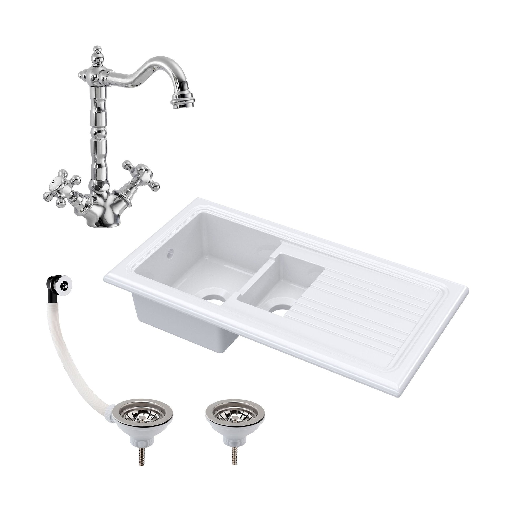 [BKS230WT4] 1.5 Bowl Fireclay Ceramic Inset Kitchen Sink Bundle with Classic Tap & Wastes - Cutout