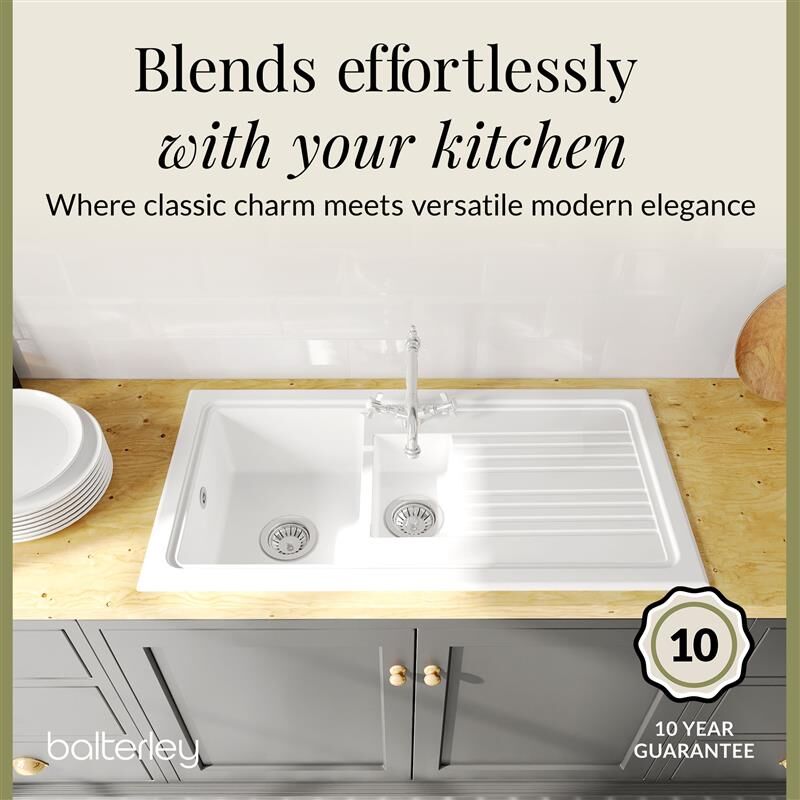 [BKS230WT4] 1.5 Bowl Fireclay Ceramic Inset Kitchen Sink Bundle with Classic Tap & Wastes - Lifestyle 2