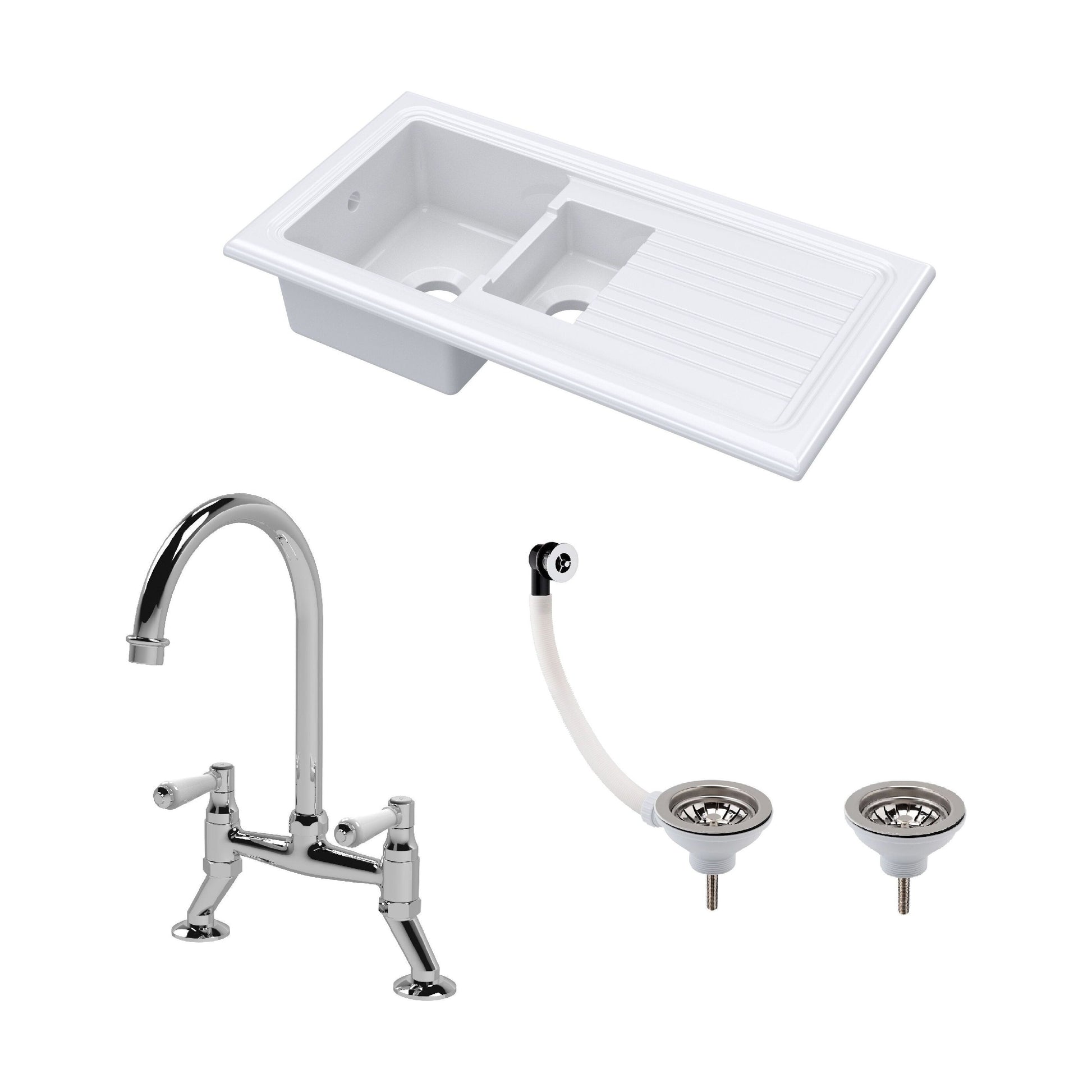 [BKS230WT5] Traditional Fireclay Kitchen Bundle: 1.5 Bowl Sink & Drainer, Waste & Bridge Lever Tap, 1010mm - Chrome - Cutout