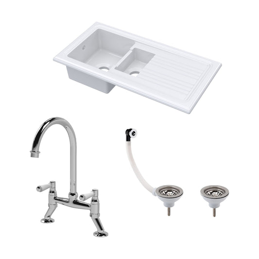 [BKS230WT5] Traditional Fireclay Kitchen Bundle: 1.5 Bowl Sink & Drainer, Waste & Bridge Lever Tap, 1010mm - Chrome - Cutout