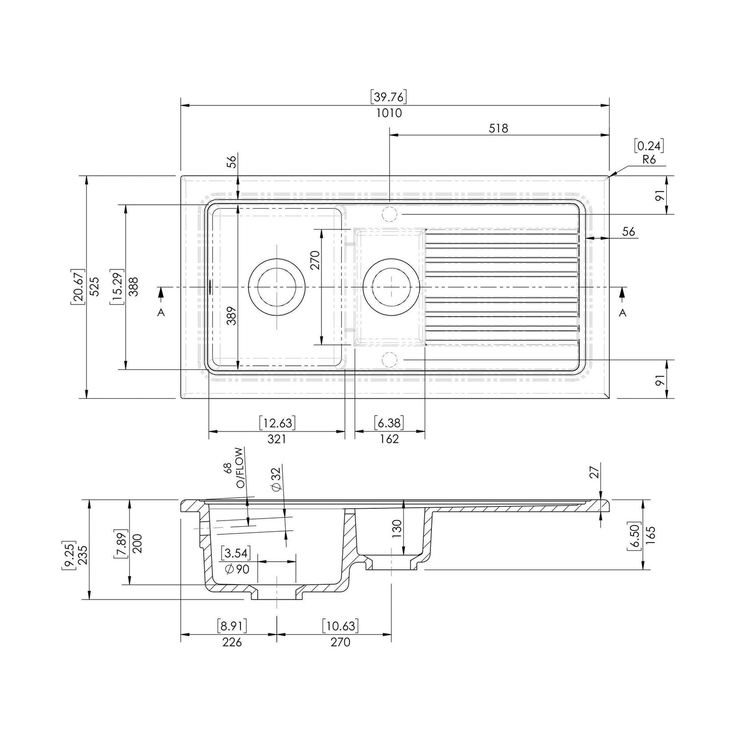 [BKS230WT5] Traditional Fireclay Kitchen Bundle: 1.5 Bowl Sink & Drainer, Waste & Bridge Lever Tap, 1010mm - Chrome - Technical Drawing