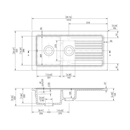 [BKS230WT5] Traditional Fireclay Kitchen Bundle: 1.5 Bowl Sink & Drainer, Waste & Bridge Lever Tap, 1010mm - Chrome - Technical Drawing