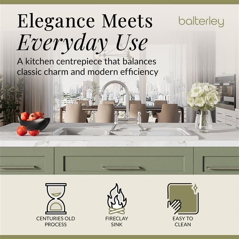 [BKS230WT5] Traditional Fireclay Kitchen Bundle: 1.5 Bowl Sink & Drainer, Waste & Bridge Lever Tap, 1010mm - Chrome - Lifestyle 1