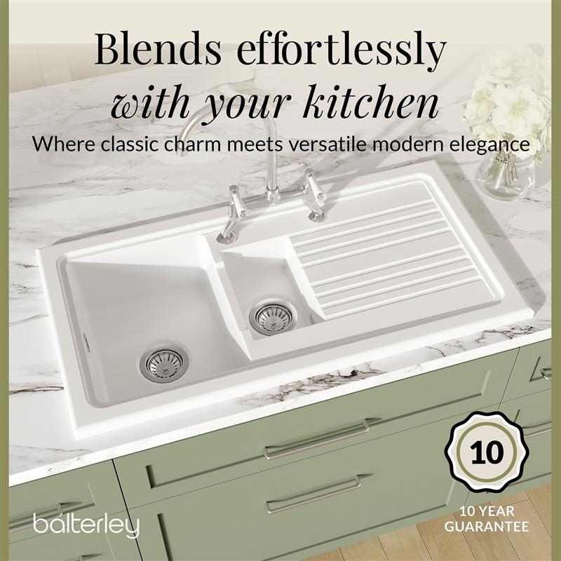 [BKS230WT5] Traditional Fireclay Kitchen Bundle: 1.5 Bowl Sink & Drainer, Waste & Bridge Lever Tap, 1010mm - Chrome - Lifestyle 2