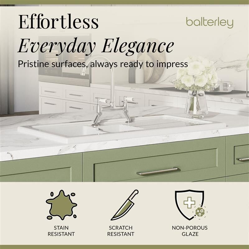 [BKS230WT5] Traditional Fireclay Kitchen Bundle: 1.5 Bowl Sink & Drainer, Waste & Bridge Lever Tap, 1010mm - Chrome - Lifestyle 3